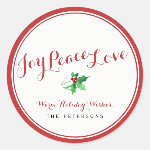 Christmas Holly Joy Peace Love Script Custom Classic Round Sticker