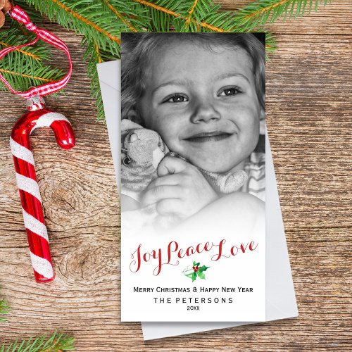Christmas Holly Joy Peace Love Script Custom Photo Holiday Card