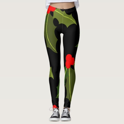 Christmas Holly Leaf and Berry Pattern Legging