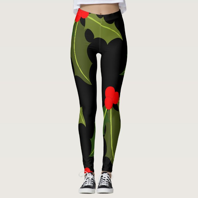 Christmas Holly Leaf and Berry Pattern Legging (Front)