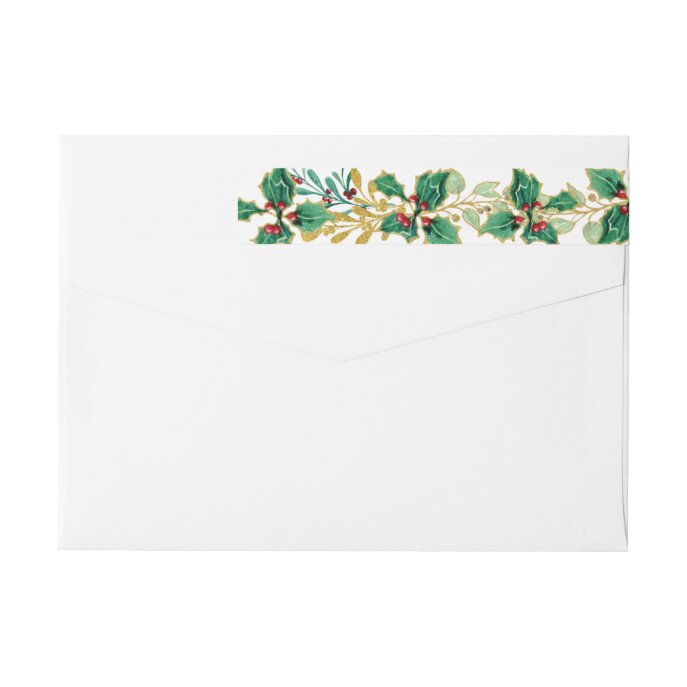 Christmas Holly Leaf Gold Foliage Return Address Wrap Around Label