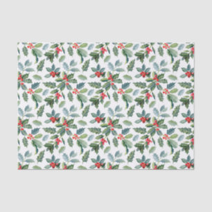 Christmas Holly Leaves and Berries on White Tissue Paper
