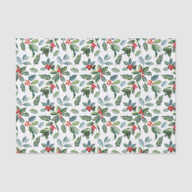 Christmas Holly Leaves and Berries on White Tissue Paper (Front)