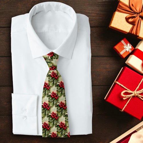 Christmas Holly Leaves and Berries Pattern Neck Tie