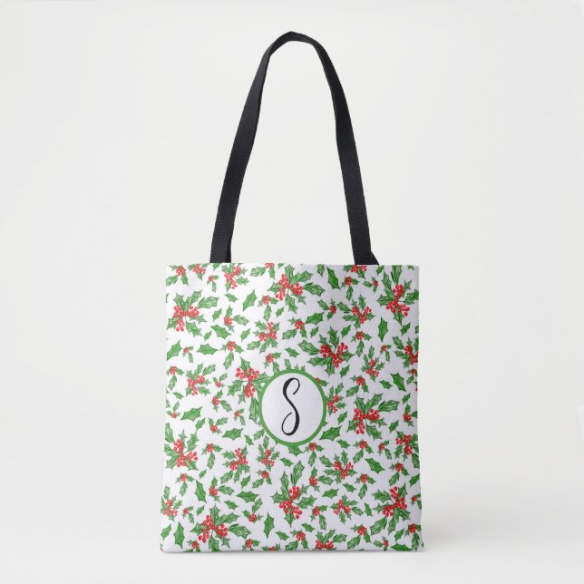 Christmas holly leaves and berries red and green tote bag (Front)