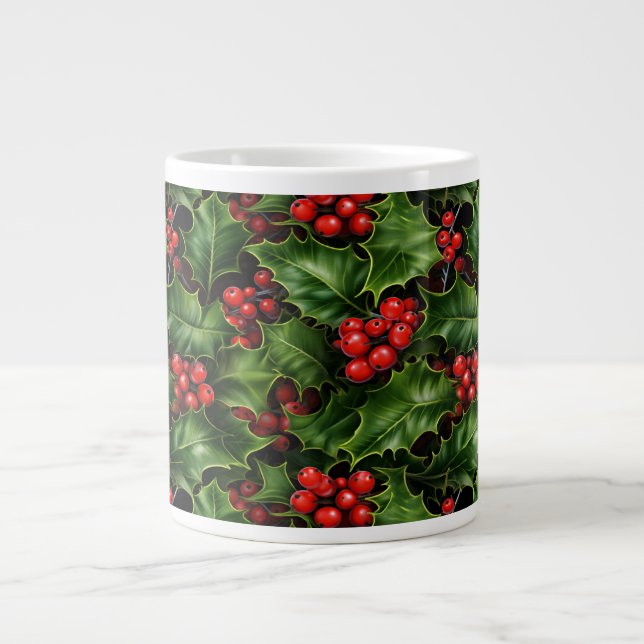 Christmas Holly Leaves And Red Berries Pattern Giant Coffee Mug (Front)