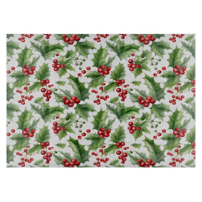 Christmas Holly Leaves And Red Berries Seamless  Cutting Board (Front)
