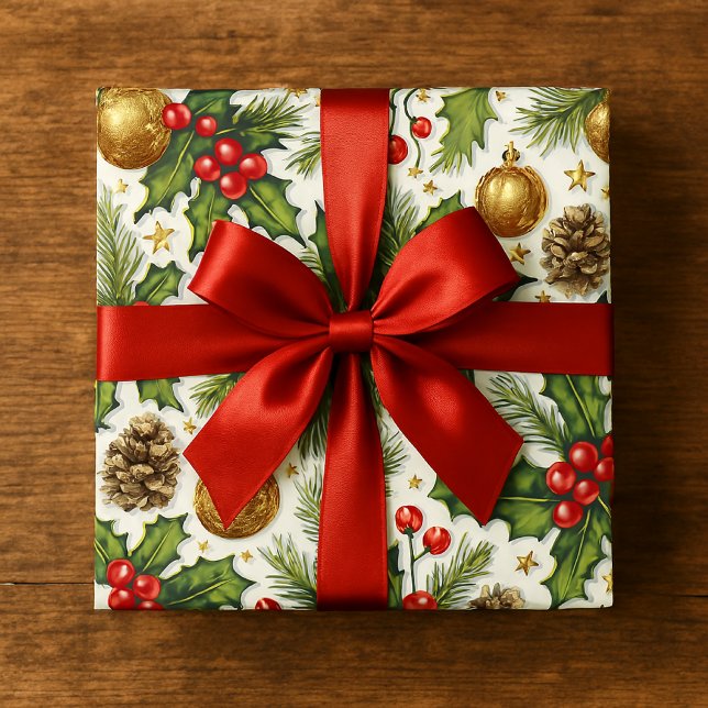 Christmas Holly Leaves and Red Bow on White  Wrapping Paper (Creator Uploaded)