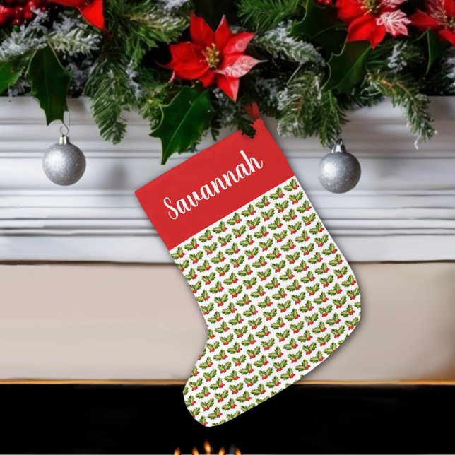 Christmas Holly Leaves & Berries Bells & Gift Large Christmas Stocking (Creator Uploaded)