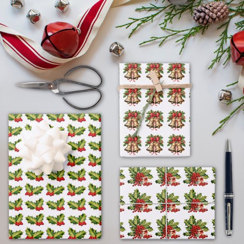 Christmas Holly Leaves  Berries Bells  Gift Wrapping Paper Sheets