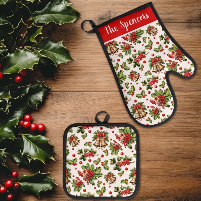 Christmas Holly Leaves, Berries & Bells Oven Mitt & Pot Holder Set (Creator Uploaded)