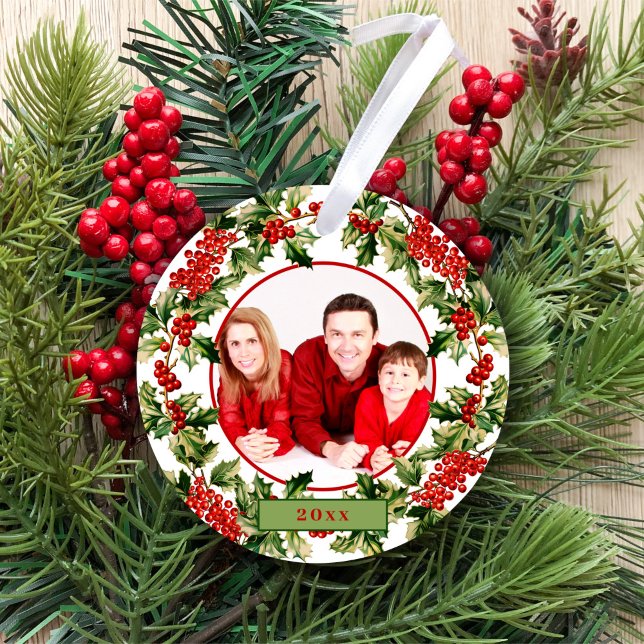 Christmas Holly Leaves & Berries Custom Photo Ceramic Ornament (Creator Uploaded)