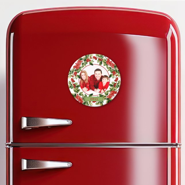 Christmas Holly Leaves & Berries Custom Photo Magnet (Creator Uploaded)