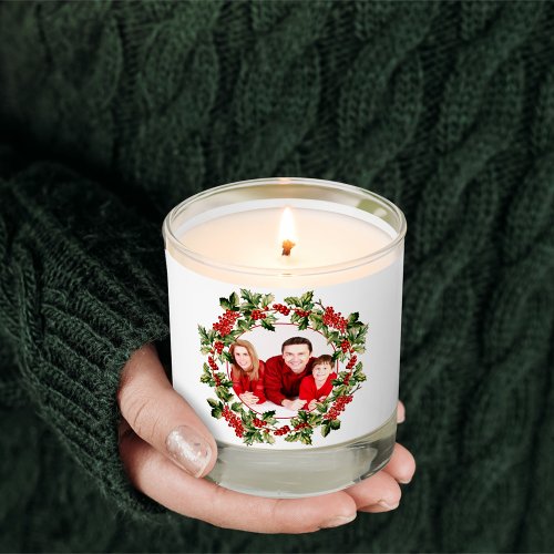 Christmas Holly Leaves  Berries Custom Photo Scented Candle