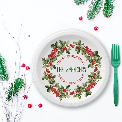 Christmas Holly Leaves  Berries Merry Christmas  Paper Plates