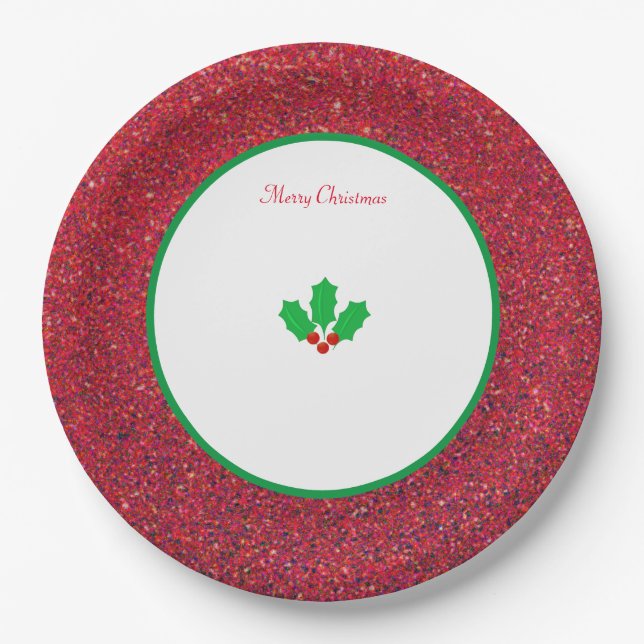 Christmas Holly leaves & berries on white and red Paper Plates (Front)