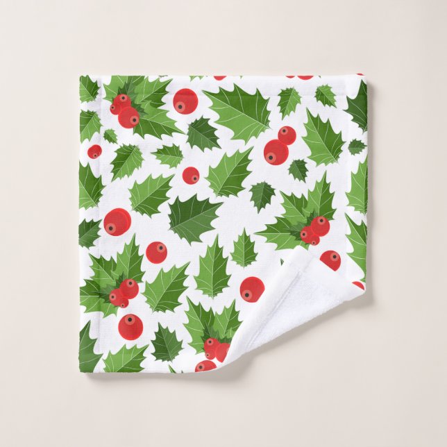Christmas Holly Leaves Monogram Bath Towel Set (Wash Cloth)
