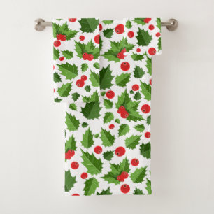 Christmas Holly Leaves Monogram Bath Towel Set