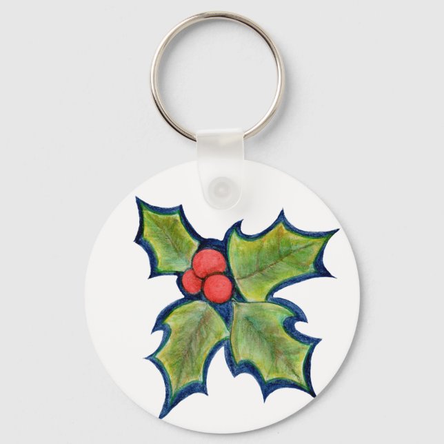 Christmas Holly Leaves, Red Berries Keychain (Front)