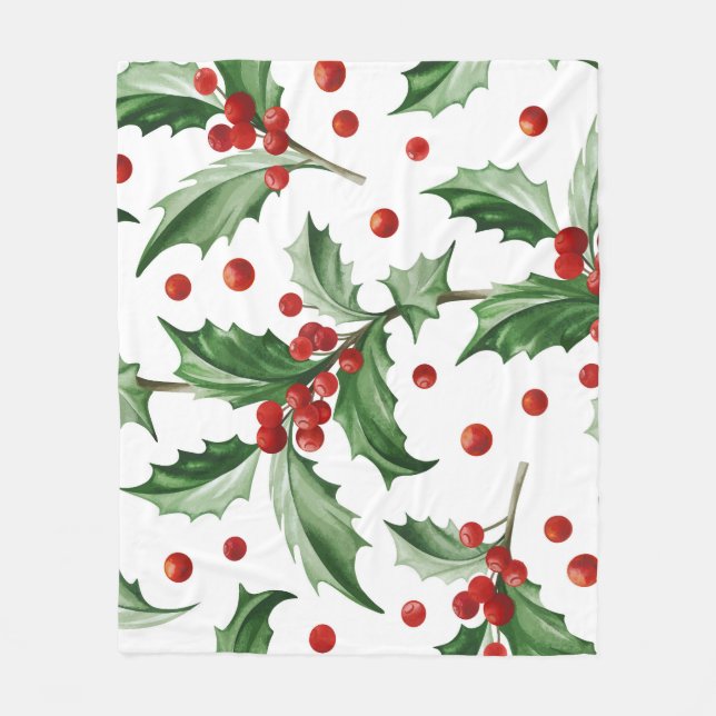 Christmas Holly Leaves Seamless Symbol Fleece Blanket (Front)