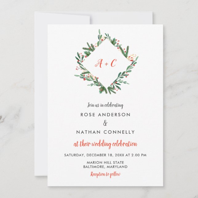 Christmas Holly Leaves | Winter Wedding Monogram Invitation (Front)