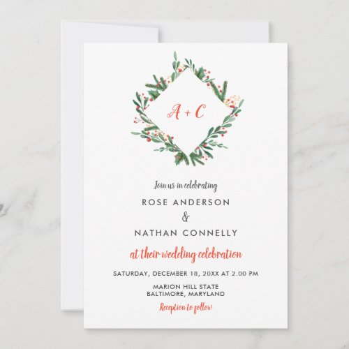 Christmas Holly Leaves  Winter Wedding Monogram Invitation