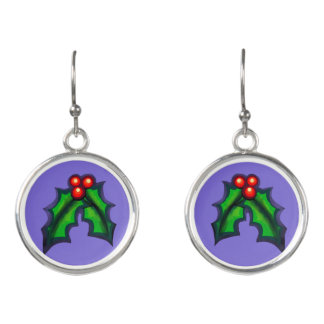 Christmas Holly Leaves With Red Berries Earrings