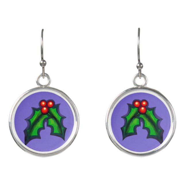 Christmas Holly Leaves With Red Berries Earrings (Front)