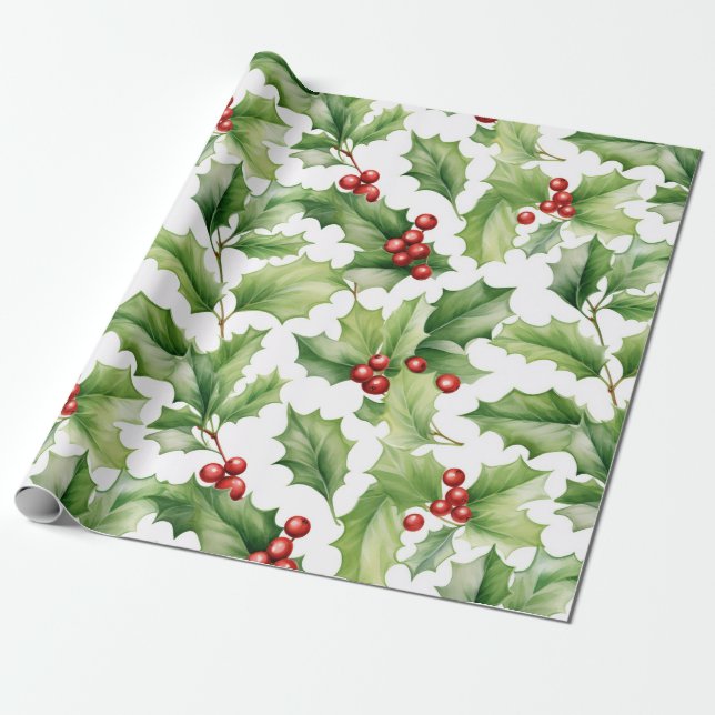 Christmas Holly Leaves Wrapping Paper (Unrolled)
