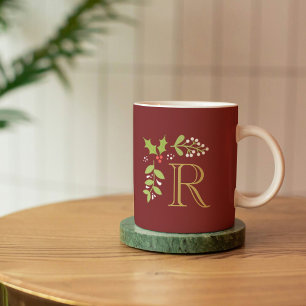 Christmas Holly & Mistletoe Monogram Red Coffee Mug