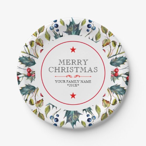 Christmas holly modern watercolors paper plates