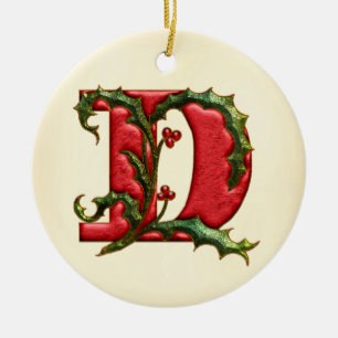 Christmas Holly Monogram D Ceramic Ornament