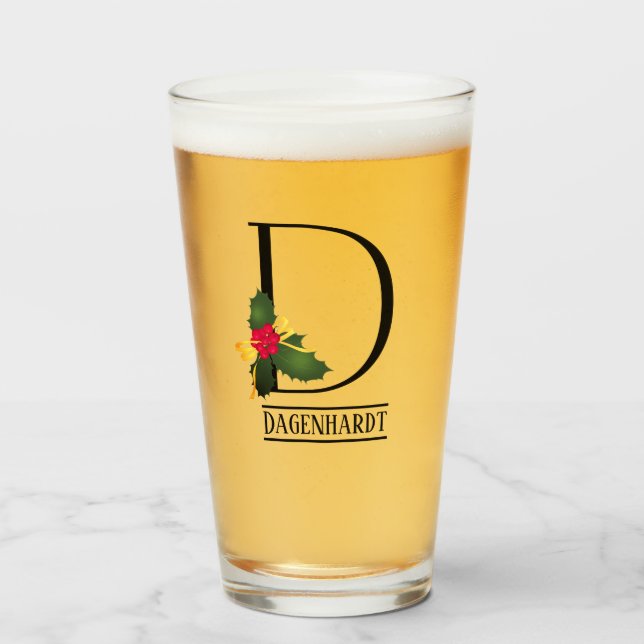 Christmas Holly Monogram D Personalized Beer Glass (Front Filled)