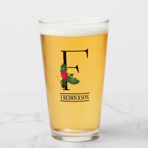 Christmas Holly Monogram F Personalized Beer Glass