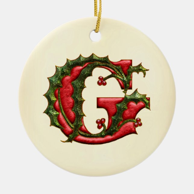 Christmas Holly Monogram G Ceramic Ornament (Front)