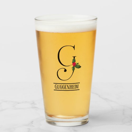 Christmas Holly Monogram G Personalized Beer Glass