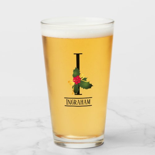 Christmas Holly Monogram I Personalized Beer Glass