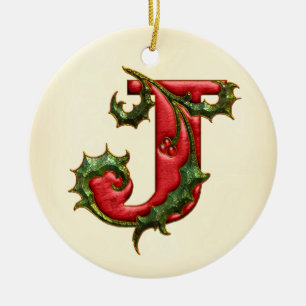 Christmas Holly Monogram J Ceramic Ornament