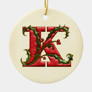 Christmas Holly Monogram K Ceramic Ornament