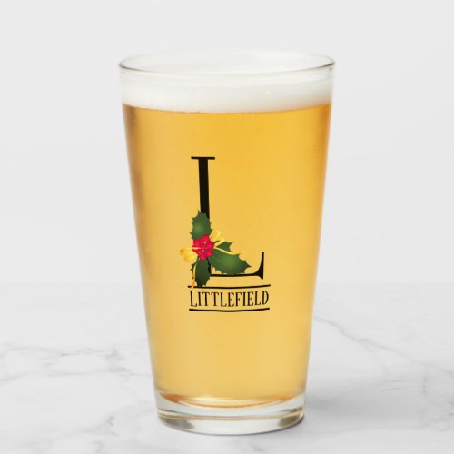 Christmas Holly Monogram L Personalized Beer Glass