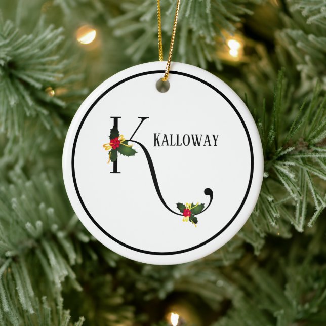 Christmas Holly Monogram Letter K Personalized Ceramic Ornament (Tree)