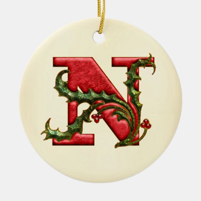 Christmas Holly Monogram N Ceramic Ornament (Front)