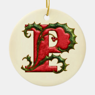 Christmas Holly Monogram P Ceramic Ornament