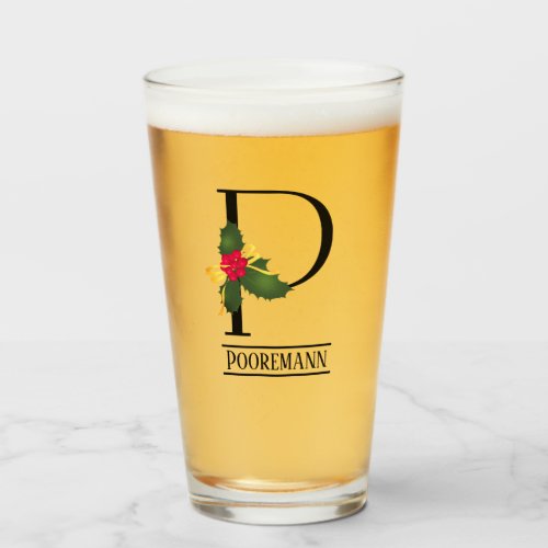 Christmas Holly Monogram P Personalized Beer Glass