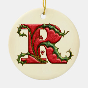 Christmas Holly Monogram R Ceramic Ornament
