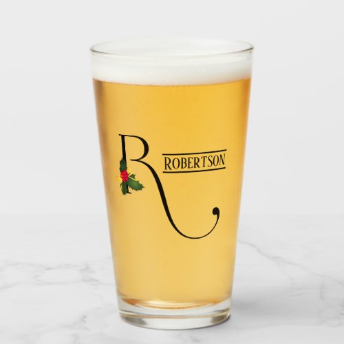 Christmas Holly Monogram R Personalized Beer Glass