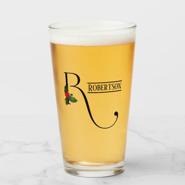 Christmas Holly Monogram R Personalized Beer Glass (Front Filled)