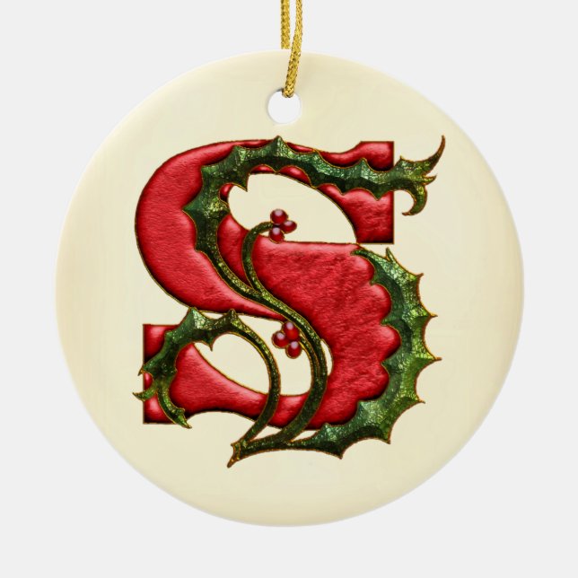 Christmas Holly Monogram S Ceramic Ornament (Front)