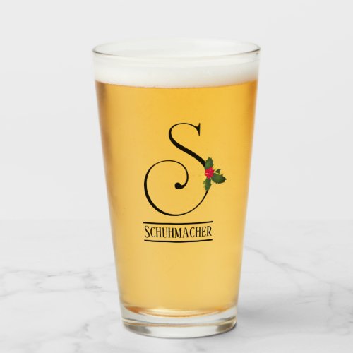 Christmas Holly Monogram S Personalized Beer Glass
