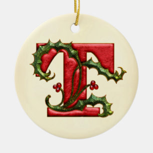 Christmas Holly Monogram T Ceramic Ornament